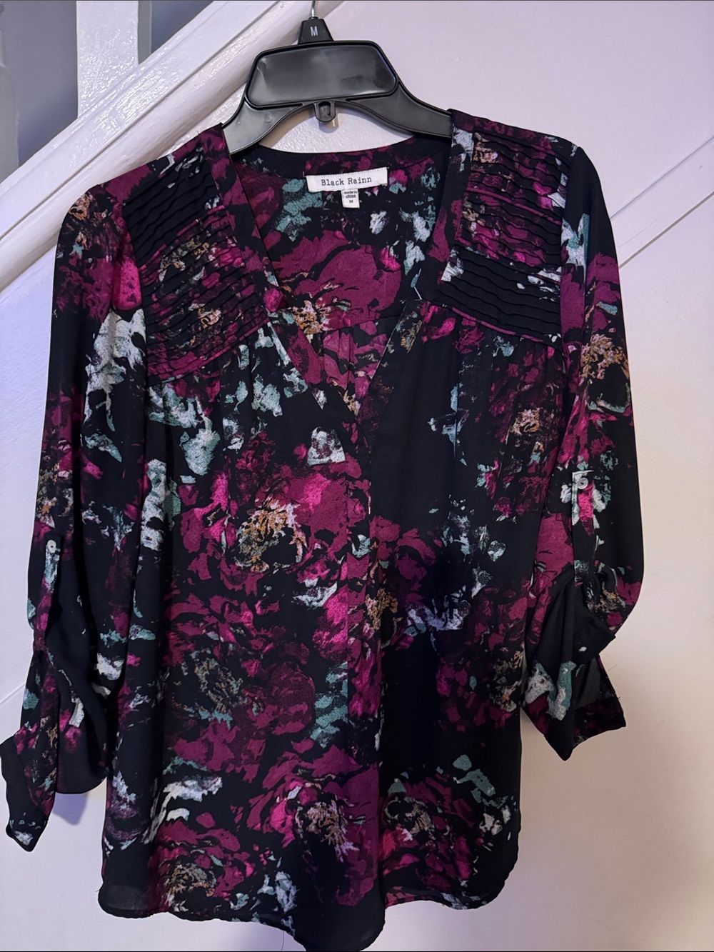 Black Rainn Black Floral V-Neck Blouse with Magenta and Teal Accents